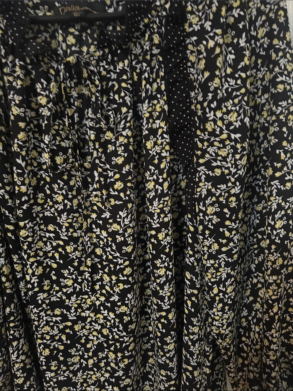 Dalia Black Floral Midi Skirt with Yellow & White Sprigs